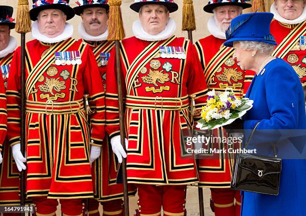 Queen Elizabeth II leaving Christs Church Cathedral in Oxford after The Royal Maundy Service on March 28, 2013 in Oxford, England.