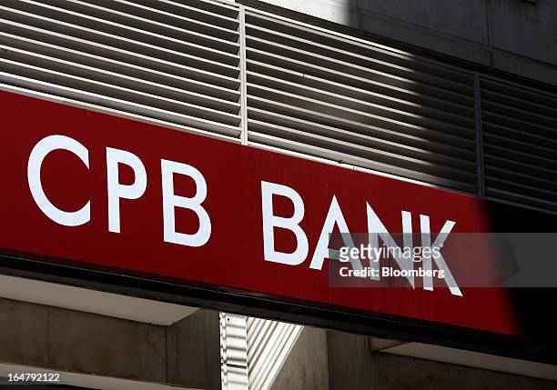 Sign for the CPB Bank, part of Cyprus Popular Bank Pcl, a Cypriot based lender also known as Laiki Bank is seen at a branch in Athens, Greece, on...