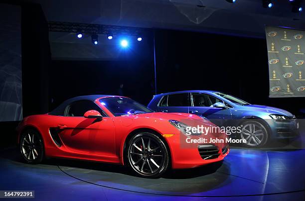 Porsche Boxster/Cayman , is displayed before being named the 2013 World Performance Car of the Year at the New York Auto Show on March 28, 2013 in...