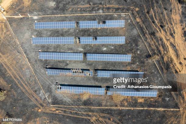 Aerial view of a field of burnt solar panels near Kirki village on August 29, 2023 in Alexandroupoli, Greece. The European Commission described the...