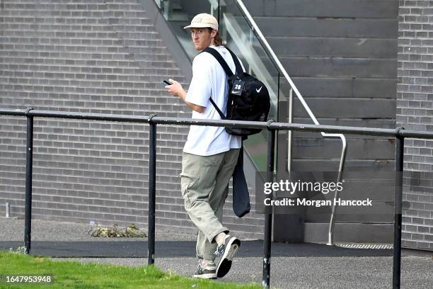 Nathan Murphy of the Magpies leaves training during a Collingwood Magpies AFL Media Opportunity at Olympic Park Oval on August 30, 2023 in Melbourne,...