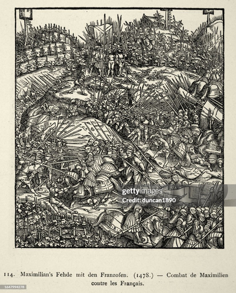 Medieval warfare, history, Maximilian I Holy Roman Emperor army fighting a battle against the French, 1478, 15th Century