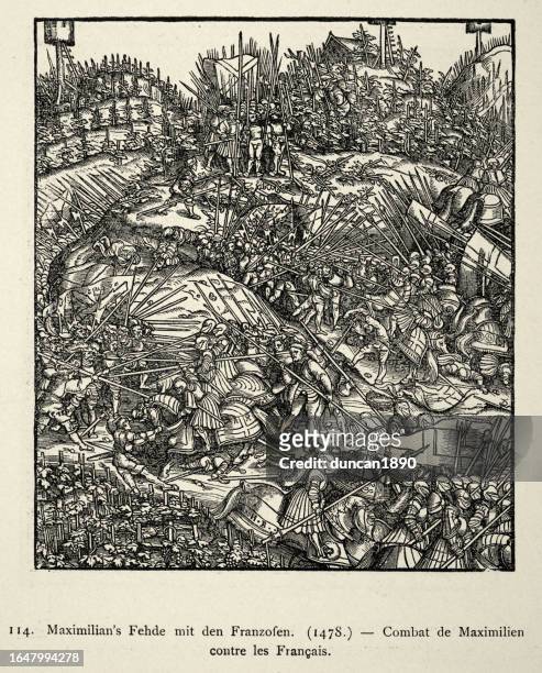 medieval warfare, history, maximilian i holy roman emperor army fighting a battle against the french, 1478, 15th century - infantry stock illustrations