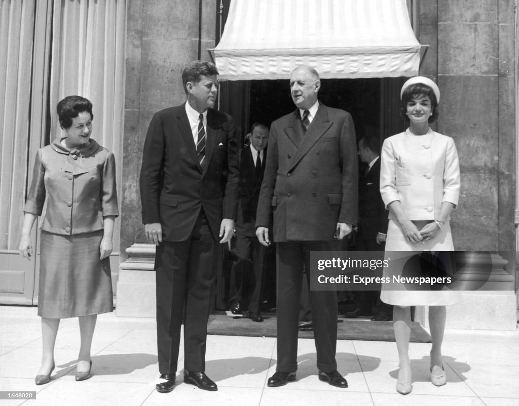 Presidents Kennedy, de Gaulle & wives in Paris, 6/1/61.