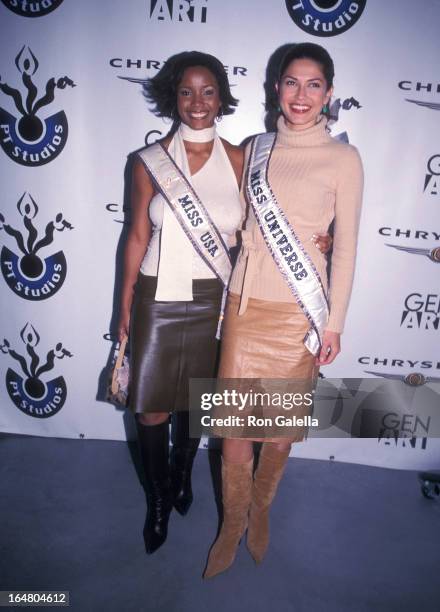 Miss USA 2002 Shauntay Hinton and Miss Universe 2002 Justine Pasek attend the Gen Art/Chrysler "PT Studios" Program Launch Party on October 8, 2002...