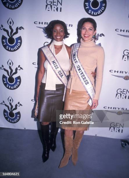 Miss USA 2002 Shauntay Hinton and Miss Universe 2002 Justine Pasek attend the Gen Art/Chrysler "PT Studios" Program Launch Party on October 8, 2002...