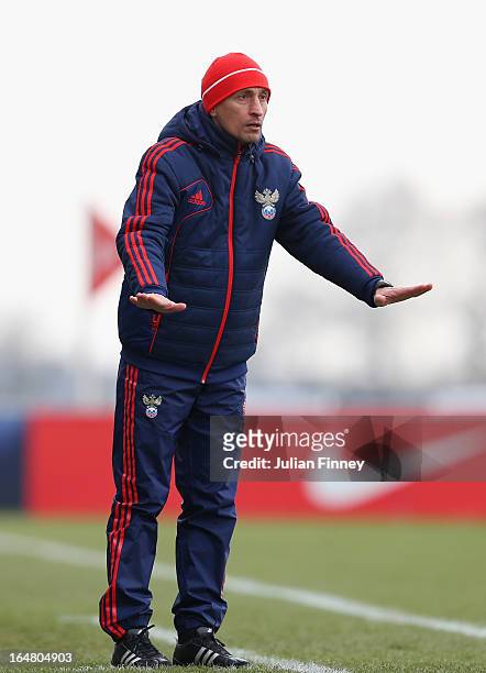 Russia coach, Dmitry Khomukha looks on during the UEFA European Under-17 Championship Elite Round match between Russia and Portugal on March 28, 2013...