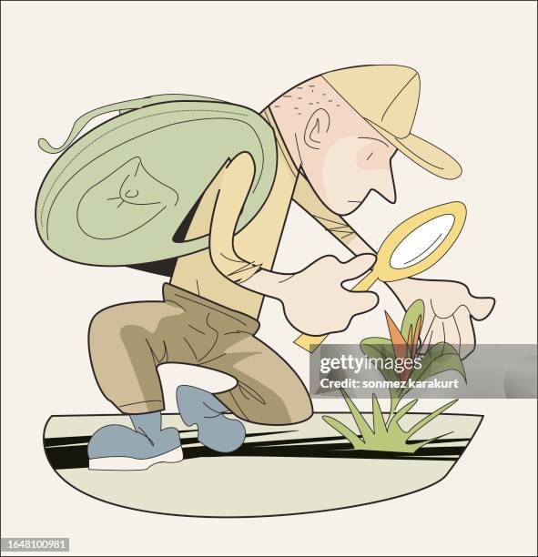 boy scout examines flower - man backpacking stock illustrations