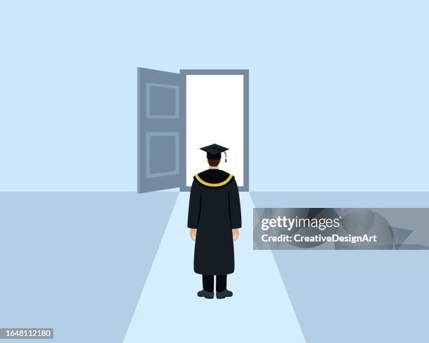 stockillustraties, clipart, cartoons en iconen met rear view of man in graduation gown standing in front of opened door. business, choice and opportunity concept - back to school