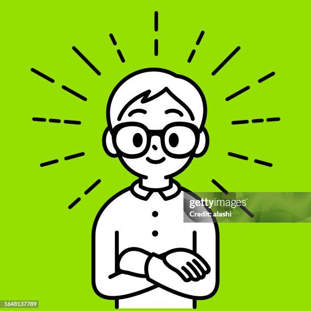 a studious boy with horn-rimmed glasses full of confidence with his arms crossed in front of his chest, looking at the viewer, minimalist style, black and white outline - philosophy vector stock illustrations