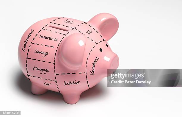 financial piggy bank decisions - home finances foto e immagini stock