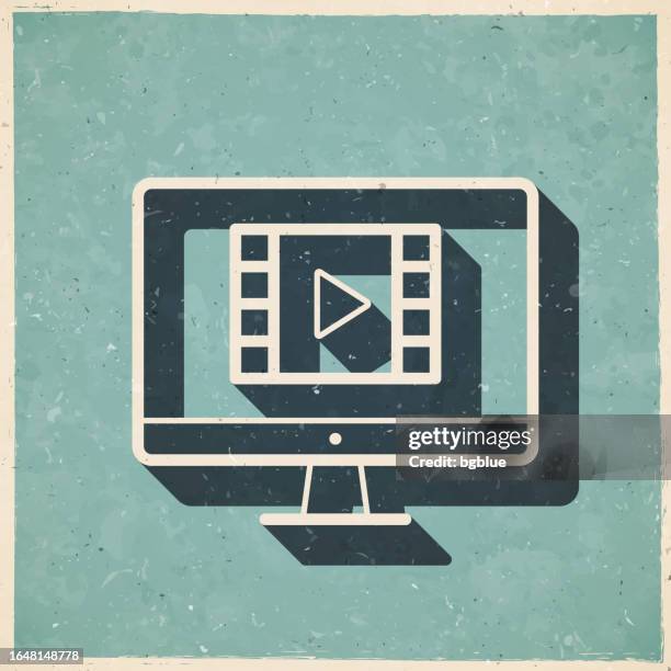 watch video on desktop computer. icon in retro vintage style - old textured paper - netflix stock illustrations