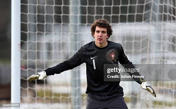 Goalkeeper of Portugal, Joao Andorinha looks on during the UEFA European Under-17 Championship Elite Round match between Russia and Portugal on March...