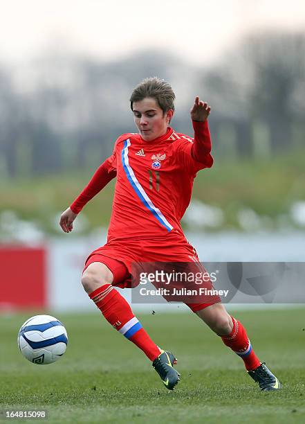 Alexander Zuev of Russia in action during the UEFA European Under-17 Championship Elite Round match between Russia and Portugal on March 28, 2013 in...