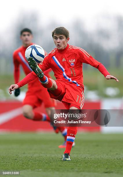 Alexander Zuev of Russia in action during the UEFA European Under-17 Championship Elite Round match between Russia and Portugal on March 28, 2013 in...