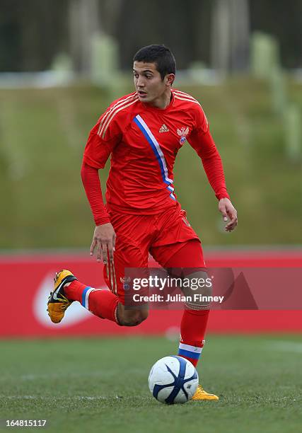 Dzhamaldin Khodzhaniiazov of Russia in action during the UEFA European Under-17 Championship Elite Round match between Russia and Portugal on March...