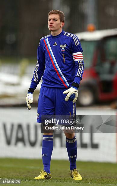 Anton Mitryushkin, goalkeeper of Russia looks on during the UEFA European Under-17 Championship Elite Round match between Russia and Portugal on...