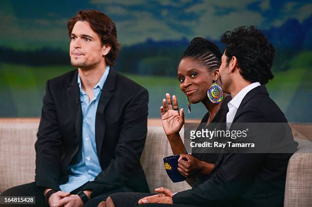 Actors Diogo Morgado, Sharon Duncan-Brewster, and Darwin Shaw tape an interview at "Good Morning America" at the ABC Times Square Studios on March...
