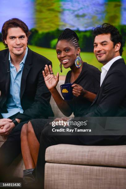 Actors Diogo Morgado, Sharon Duncan-Brewster, and Darwin Shaw tape an interview at "Good Morning America" at the ABC Times Square Studios on March...