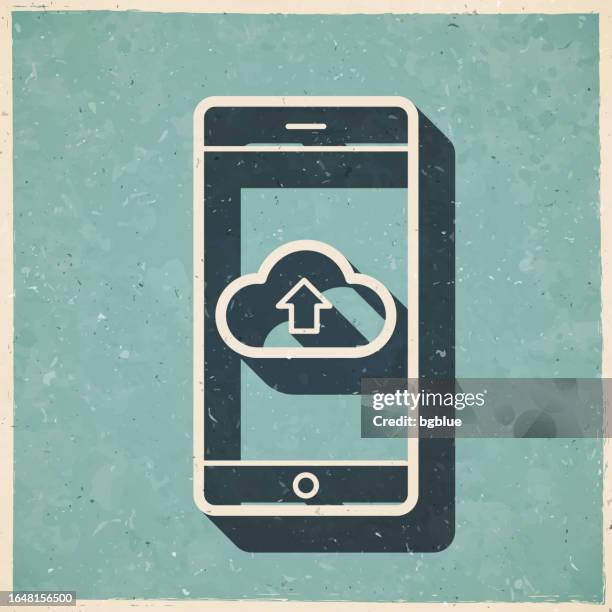 cloud upload from smartphone. icon in retro vintage style - old textured paper - phone screen texture stock illustrations