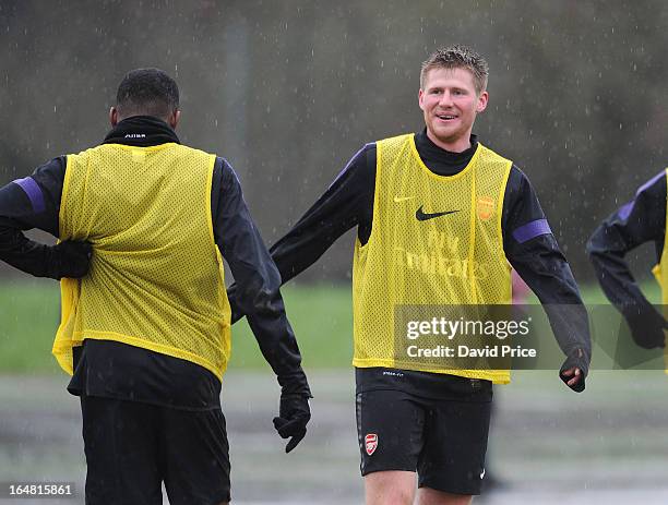 Sead Hajrovic of Arsenal laughs during a training session prior to the NextGen Series Semi Final match between Arsenal and Chelsea at Stadio Caruga...