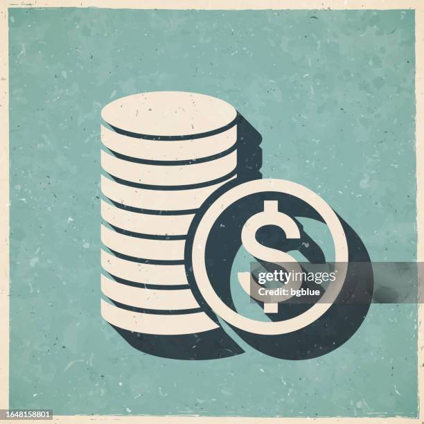 dollar coins stack. icon in retro vintage style - old textured paper - token stock illustrations