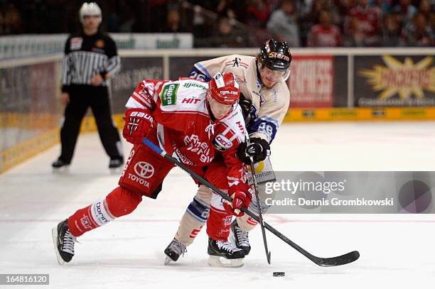 Andrew Canzanello of Straubing and Philip Gogulla of Koeln battle for the puck in game five of the DEL play-offs between Koelner Haie and Straubing...