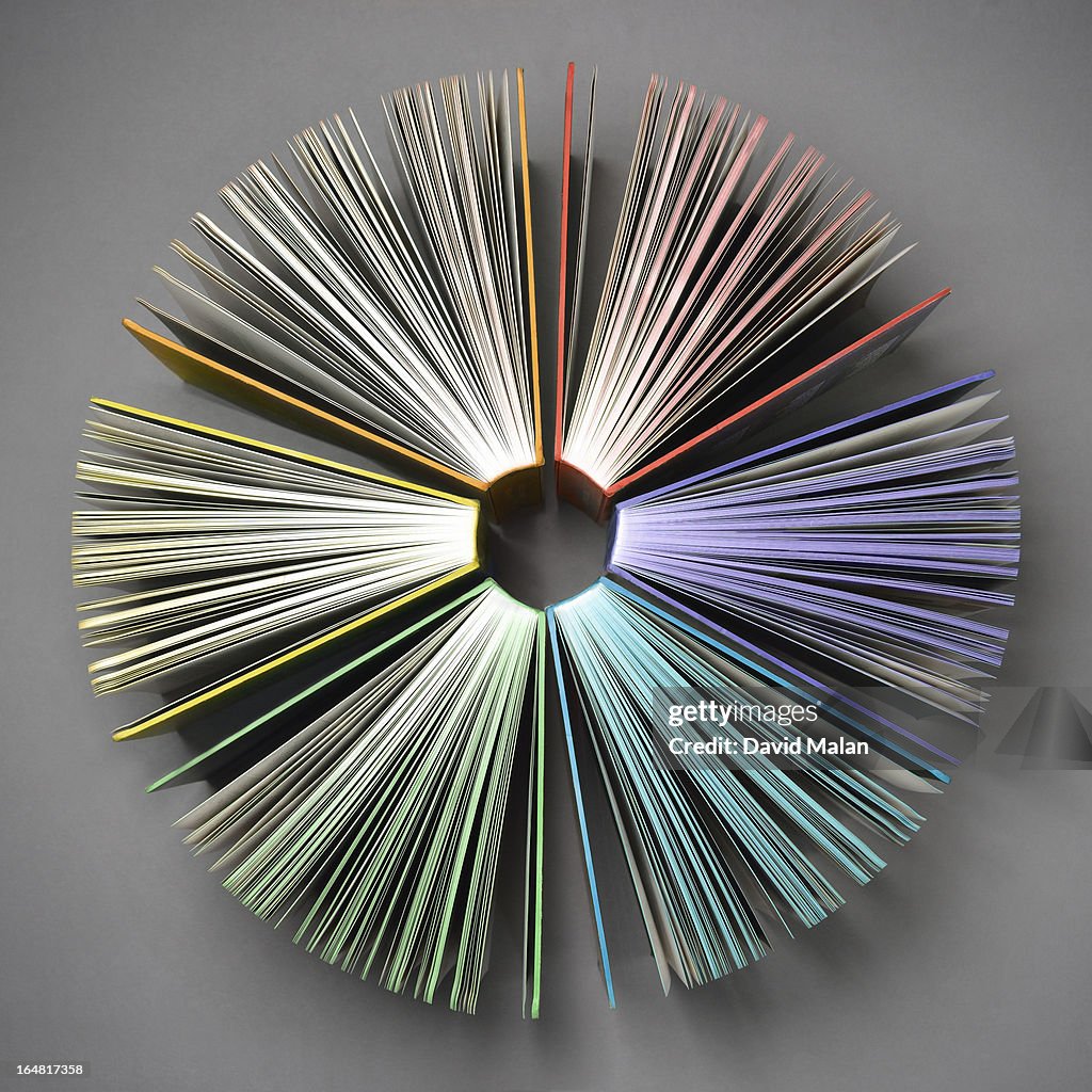 Various coloured books in a radial formation.