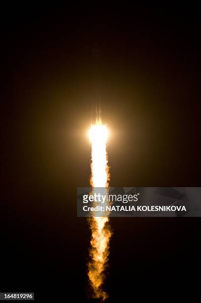 The Soyuz TMA-08M spacecraft blasts off from the Russian leased Kazakhstan's Baikonur cosmodrome early on March 29, 2013. A Russian rocket carrying...