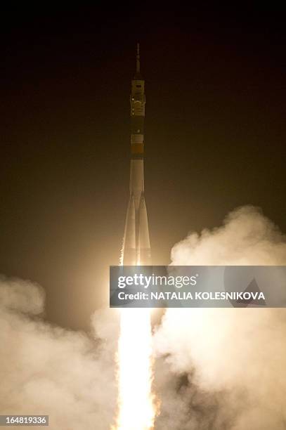 The Soyuz TMA-08M spacecraft blasts off from the Russian leased Kazakhstan's Baikonur cosmodrome early on March 29, 2013. A Russian rocket carrying...