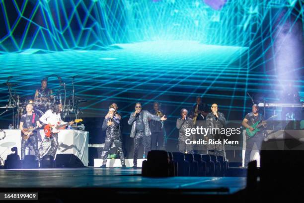 Verdine White, David Whitford, Philip Bailey, and Ralph Johnson of Earth, Wind & Fire perform in concert during the "Sing A Song All Night Long" tour...