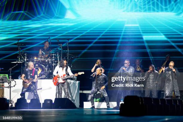 Verdine White, David Whitford, Philip Bailey, and Ralph Johnson of Earth, Wind & Fire perform in concert during the "Sing A Song All Night Long" tour...