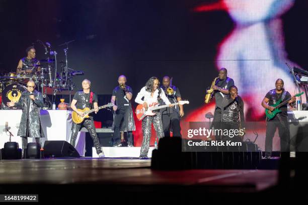 Ralph Johnson, Verdine White, David Whitford, and Philip Bailey of Earth, Wind & Fire perform in concert during the "Sing A Song All Night Long" tour...