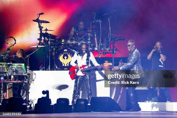 Verdine White and Philip Bailey of Earth, Wind & Fire perform in concert during the "Sing A Song All Night Long" tour at Moody Center on August 29,...