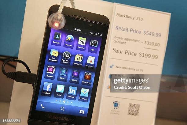 BlackBerry Z10 is offered for sale at an AT&T store on March 28, 2013 in Chicago, Illinois. The Z10 has been selling above analysts expectations,...
