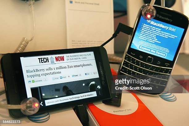 BlackBerry Z10 and BlackBerry Bold are offered for sale at an AT&T store on March 28, 2013 in Chicago, Illinois. The Z10 has been selling above...