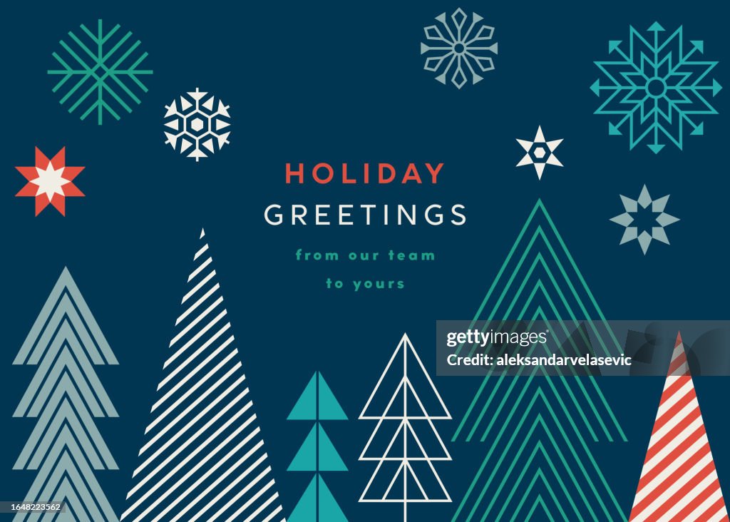 Holiday Card with Geometric Christmas Trees and Snowflakes