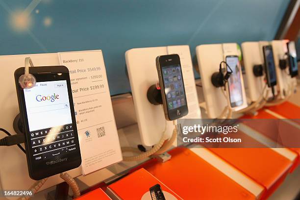 BlackBerry Z10 is offered for sale alongside phones from other manufacturers at an AT&T store on March 28, 2013 in Chicago, Illinois. The Z10 has...