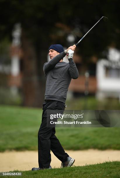 Actor Luke Wilson of USA plays a shot during the pro-am prior to the start of the Omega European Masters at Crans-sur-Sierre Golf Club on August 30,...