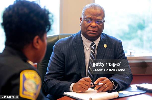Boston, MA In his headquarters office, Boston Police Commissioner Michael Cox meets with Deputy Superintendent Pam Harris to discuss Operation Quiet...
