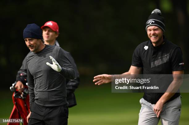 Danny Willett of England actor Luke Wilson of USA during the pro-am prior to the start of the Omega European Masters at Crans-sur-Sierre Golf Club on...