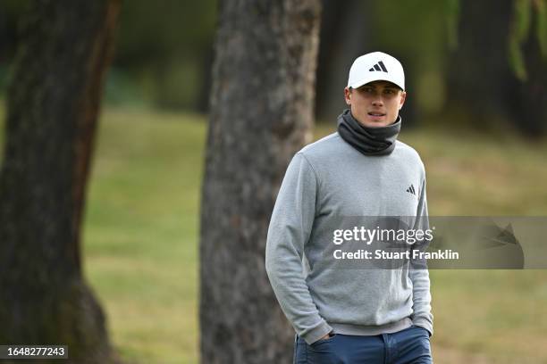 Ludvig Aberg of Sweden looks on during the pro-am prior to the start of the Omega European Masters at Crans-sur-Sierre Golf Club on August 30, 2023...