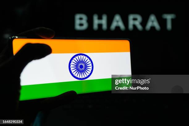 Indian Flag and ''Bharat'' Name seen in the mobile phone on September 6 in Colombo, Sri Lanka. India's media is reporting a hint of changing India's...