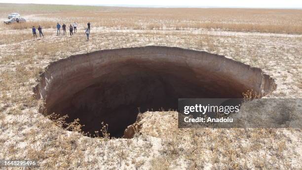 An aerial view of sinkhole at Kucukbece Plateau in Karapinar district of Konya, Turkiye on September 06, 2023. Sinkhole measured approximately...