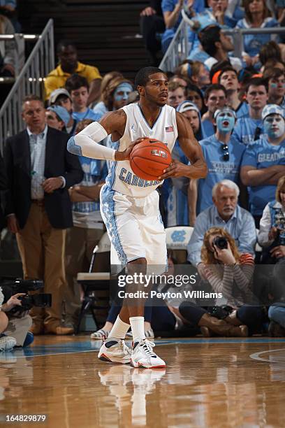 Dexter Strickland of the North Carolina Tar Heels passes the ball during a game against the Duke Blue Devils on March 09, 2013 at the Dean E. Smith...