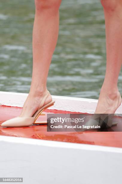 Cecilia Bertozzi, shoes detail, arrives at the Hotel Excelsior pier for the 80th Venice International Film Festival 2023 on August 30, 2023 in...