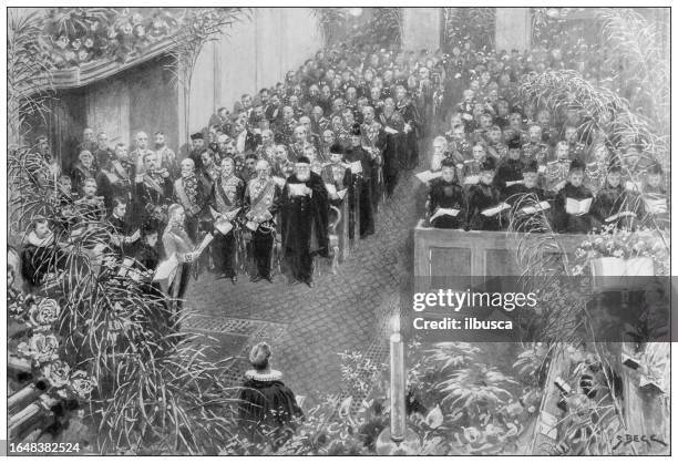 antique image from british magazine: queen of denmark, memorial service, german chapel royal, st james's, october 15th, 1898 - funeral procession stock illustrations