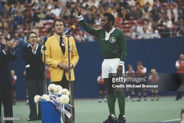 Brazilian footballer Pele retires from the New York Cosmos in Rutherford, New Jersey, 1977.