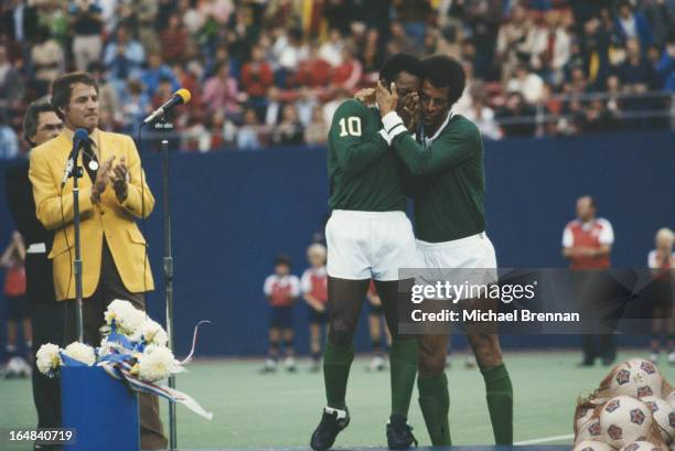 Brazilian footballer Pele retires from the New York Cosmos in Rutherford, New Jersey, 1977.