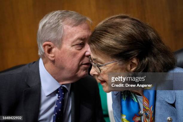 Committee Chairman Sen. Dick Durbin speaks with Sen. Dianne Feinstein during a Senate Judiciary Committee hearing on judicial nominations on Capitol...